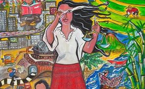 Titelbild zum Weltgebetstag 2017 Philippinen mit Bildtitel 'A Glimpse of the Philippine Situation' von der philippinischen Künstlerin Rowena Apol Laxamana Sta Rosa