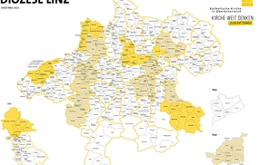 Karte der Diözese Linz mit den Pionierpfarren und jenen Dekanaten, die im Herbst 2022 starten