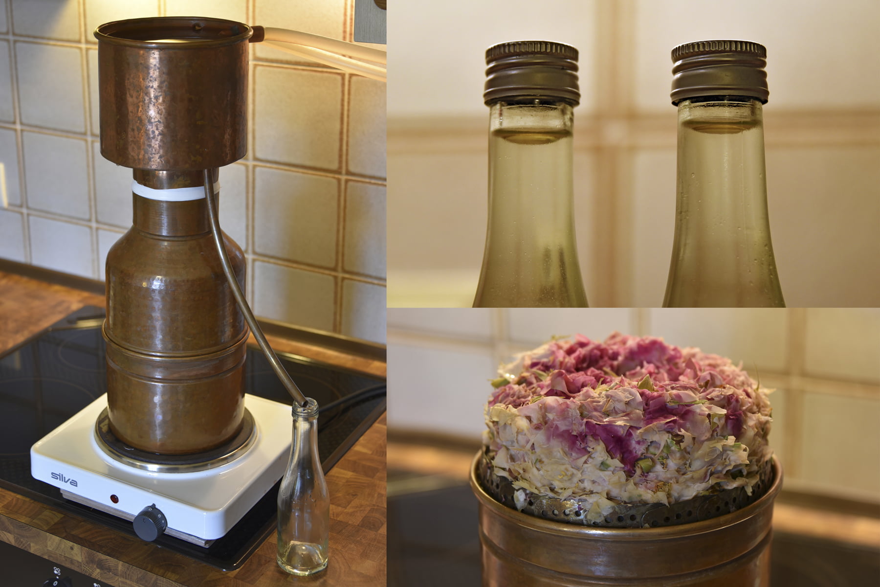 Destilliergerät - Ölaugen - Reste / Stephnausrunde Collage mit der Destille, Ergebnis und Resten