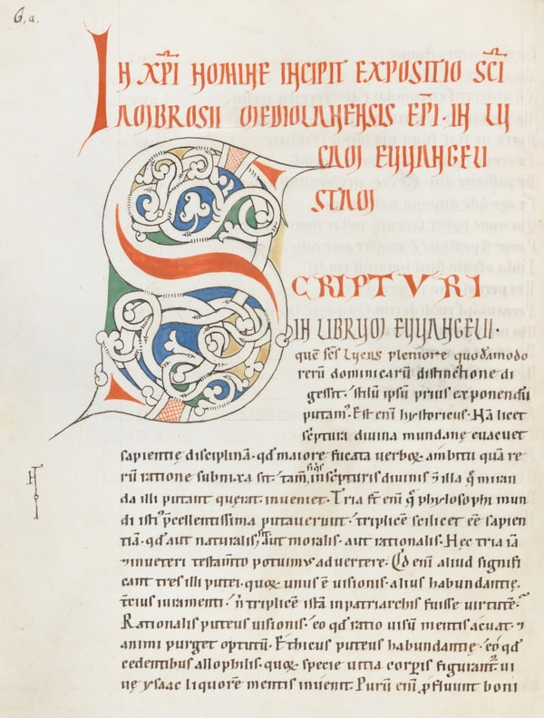 Einsiedeln, Stiftsbibliothek, Codex 166(413), p. 6a – Ambrosius , Expositio Evangelii secundum Lucam (http://www.e-codices.unifr.ch/de/list/one/sbe/0166) 