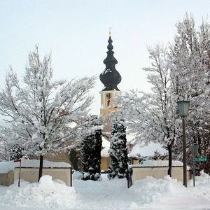 Verschneite Winterlandschaft mit weißen Bäumen im Vordergrund und der Kirche im Hintergrund.