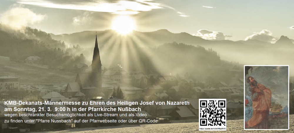 Foto der Kirche von Nußbach bei Sonnenaufgang mit QR-Code für Übertragung am Sonntag 21. März 2021