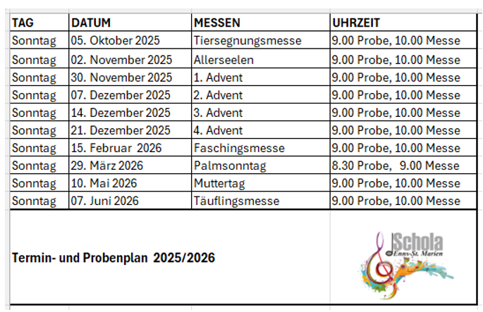 Termin- u. Probenpläne 2025/26 / ©Schola Enns-St. Marien Termin- u. Probenpläne 2025/26