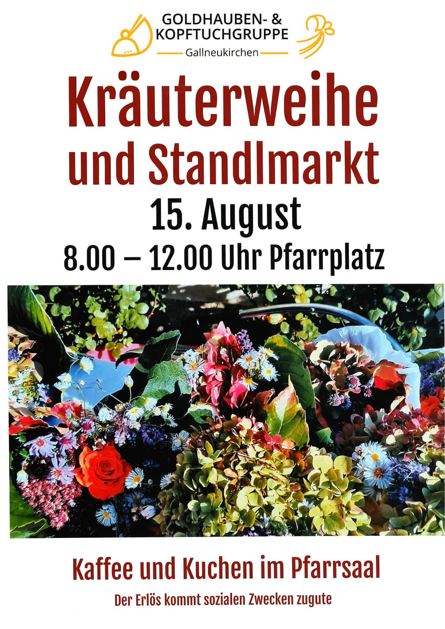 15. August von 8 bis 12 Uhr am Pfarrplatz und im Pfarrzentrum; Pfarrkaffee im Gallussaal; Der Erlös kommt sozialen Zwecken zugute.