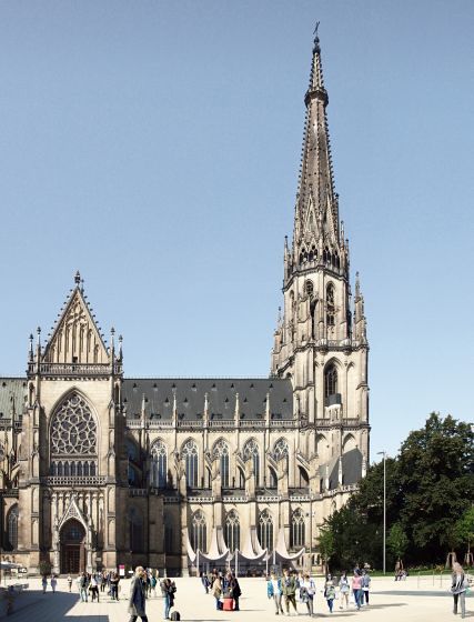 Der Mariendom mit dem geplanten offenen Begegnungs- und Willkommensraum 