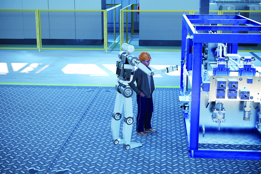 3D illustration of men, robot and factory of future