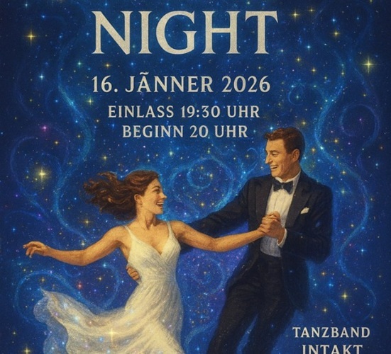 Plakat Ball Magic Night beschwingtes Paar auf sternenblauem Hintergrund