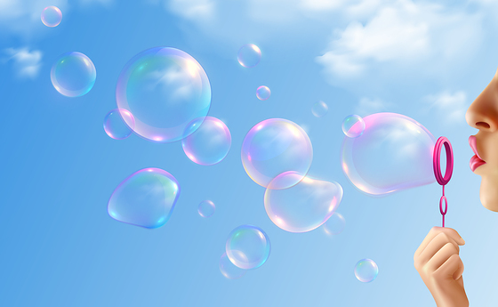Woman inflating soap bubbles on background with blue sky realistic vector illustration