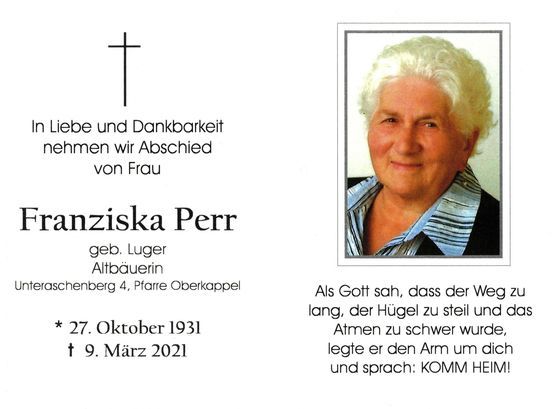 Foto: Sterbebild Frau Franziska Perr