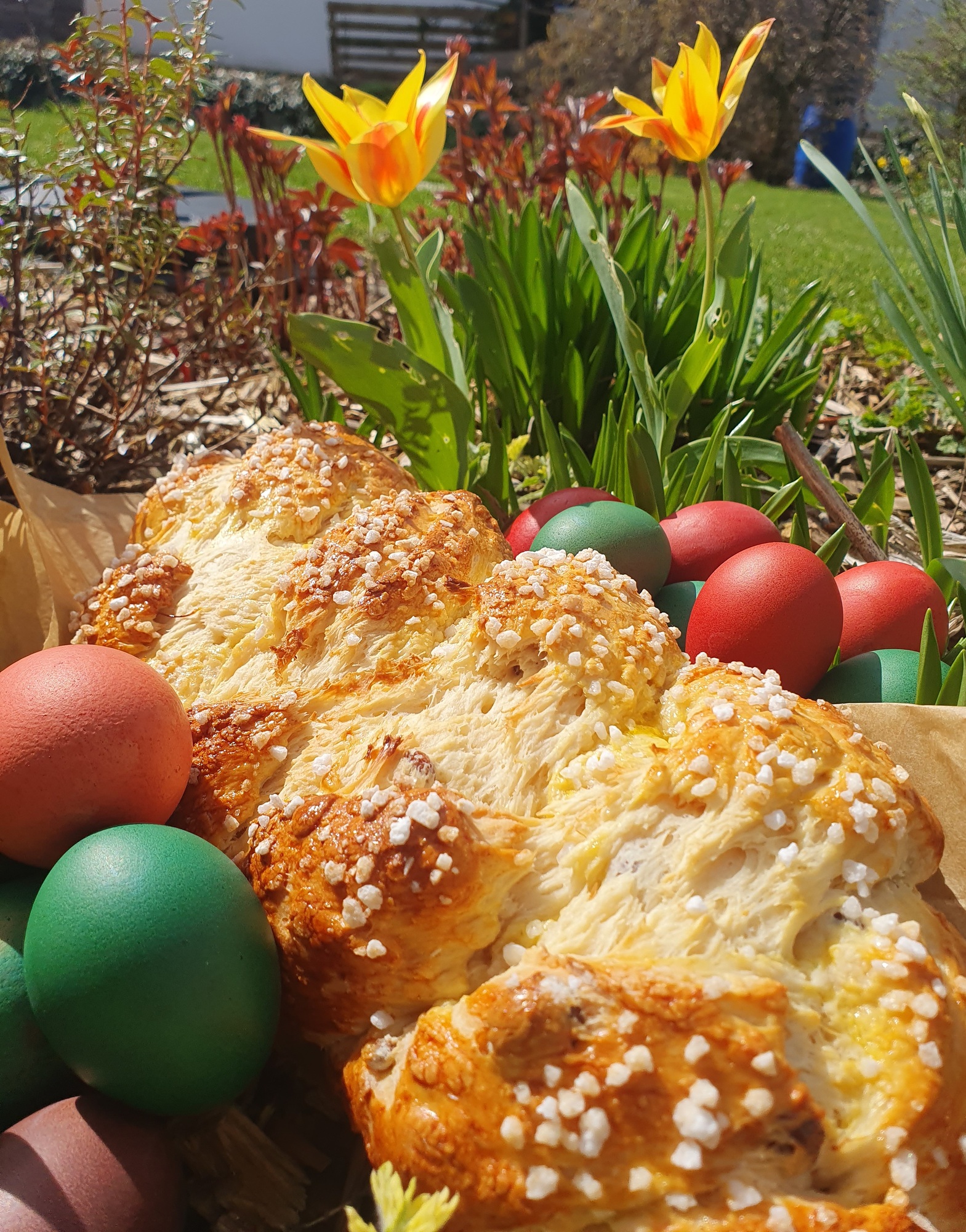 Osterstriezel und gefärbte Eier