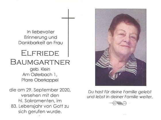 Sterbebild Elfriede Baumgartner