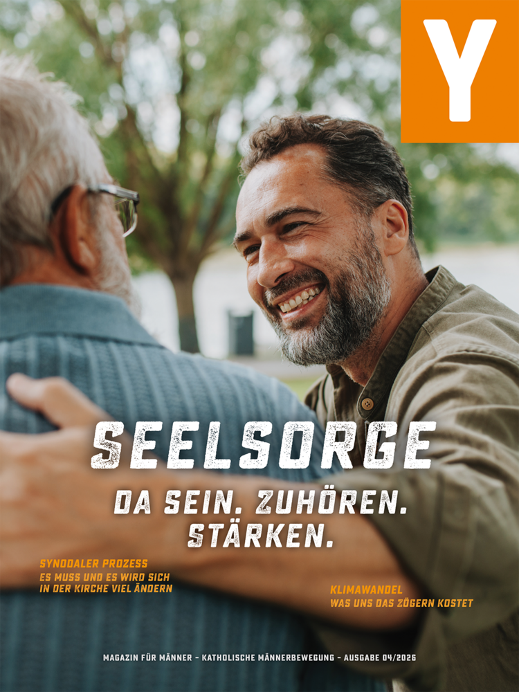 Das Cover von Ypsilon 4/2026 zeigt einen feundliche Umarmung eines Mannes bei einem älteren Herrn