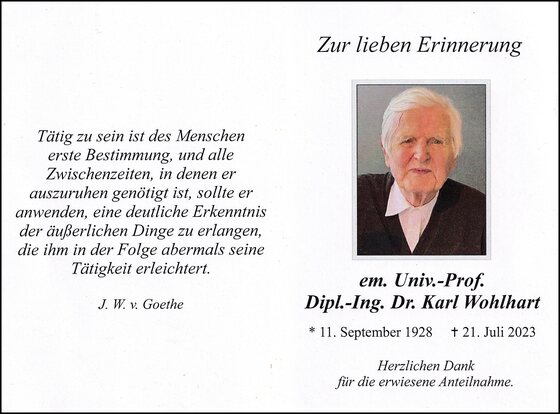 Foto: Sterbebild Herr Univ.-Prof. Dipl.-Ing. Karl Wohlhart