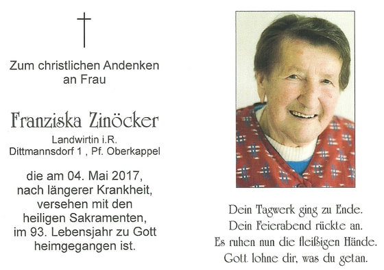 Sterbebild Franziska Zinöcker