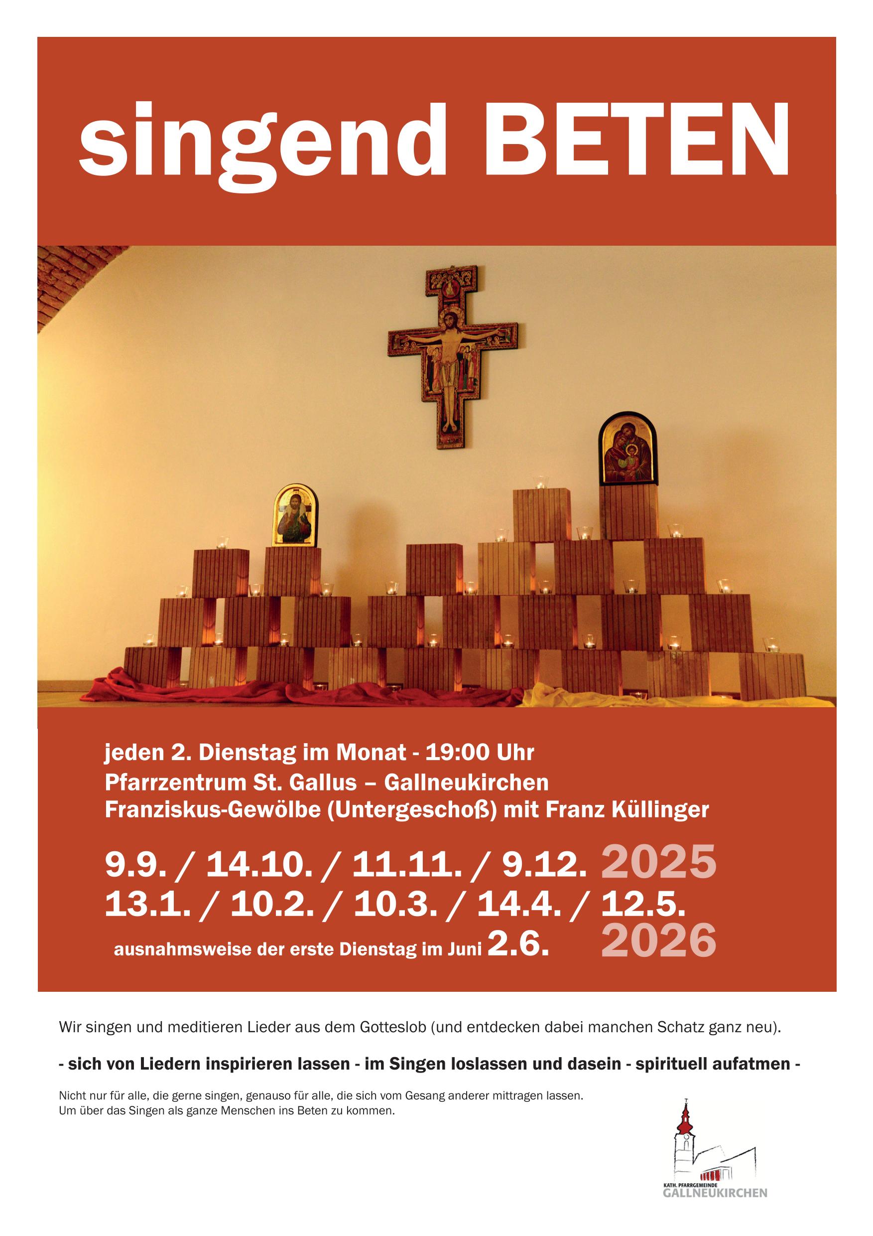 jeden 2. Dienstag im Monat 19 Uhr im Franziskusgewölbe; Wir singen und meditieren Lieder aus dem Gotteslob; nicht nur für alle, die gerne singen, genauso für alle, die sich vom Gesang anderer mittragen lassen