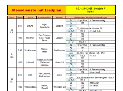 Messdienstplan März bis April 2026