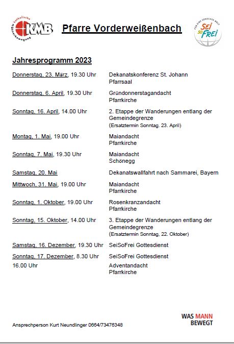 Übersicht über alle Veranstaltungen der KMB Vorderweißenbach für 2023