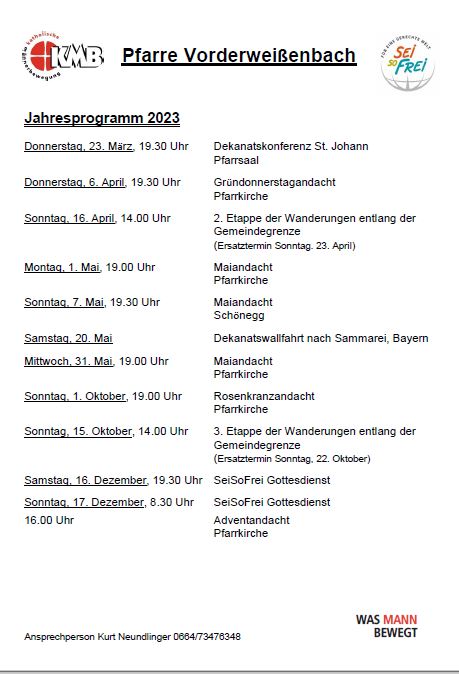 Übersicht über alle Veranstaltungen der KMB Vorderweißenbach für 2023