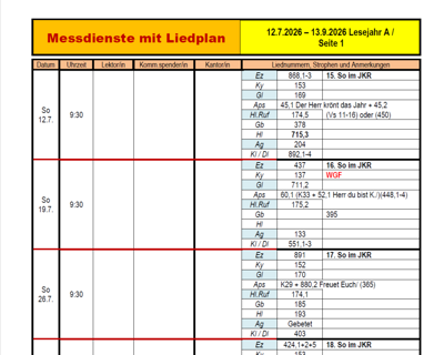 Liedplan Sommer 2026