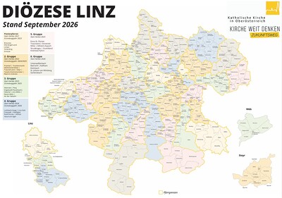 Pfarrkarte mit allen neuen Pfarren und zugehörigen Pfarrgemeinden