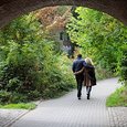 ein Paar geht unter einer Brücke durch