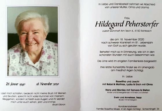 Sterbebild Hildegard Peherstorfer