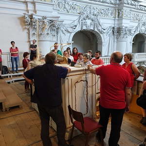 Exkursionsteilnehmerinnen und Exkursionsteilnehmer an der Bruckner-Orgel