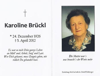 Totenbild Karoline Brückl