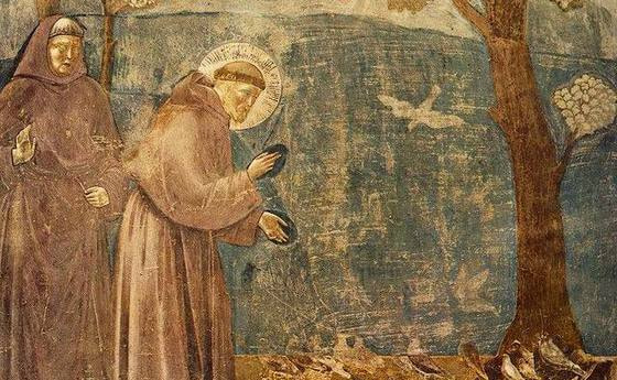 Giotto - Die Vogelpredigt des Franz von Assisi. Fresko in der Kirche St. Francesco in Assisi. 