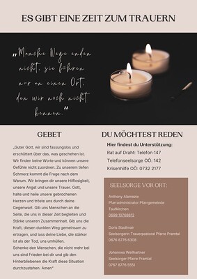 „Guter Gott, wir sind fassungslos und erschüttert über das, was geschehen ist. Wir finden keine Worte und können unsere Gefühle nicht zuordnen. Zu unserem tiefen Schmerz kommt die Frage nach dem Warum. Wir bringen dir unsere Hilflosigkeit, unsere Ang