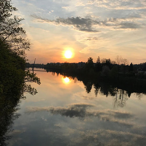 Der Morgen konnte nicht schöner sein ... Sonnenaufgang über der Traun ... Vogelgezwitscher ... zarte Blätter ... blühende Bäume und Sträucher überall ...