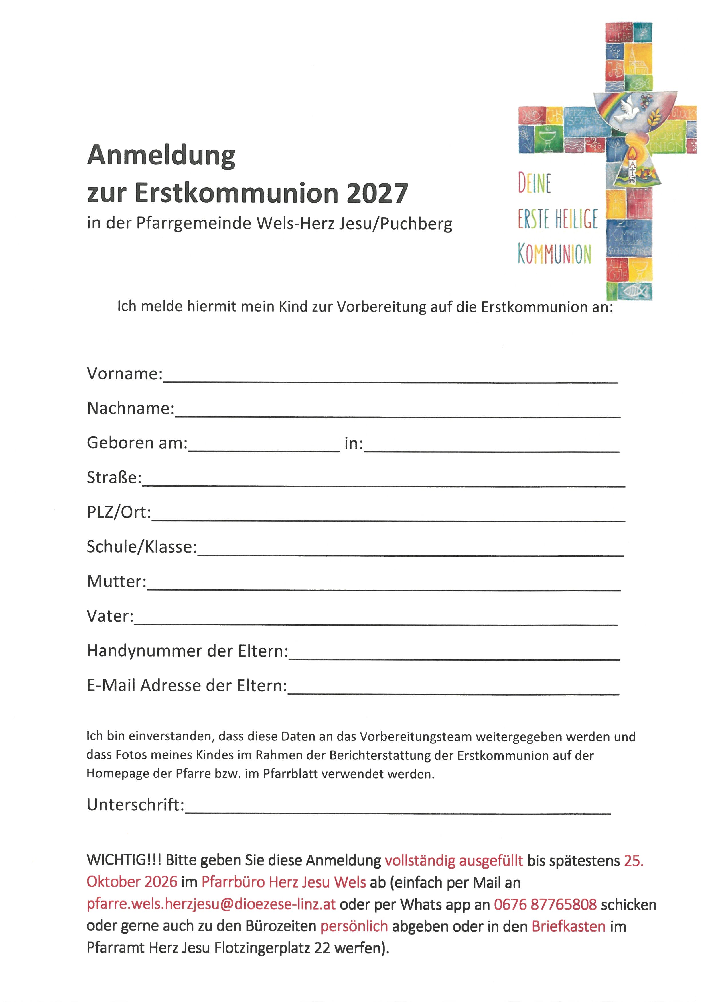 Anmeldung zur Erstkommunion