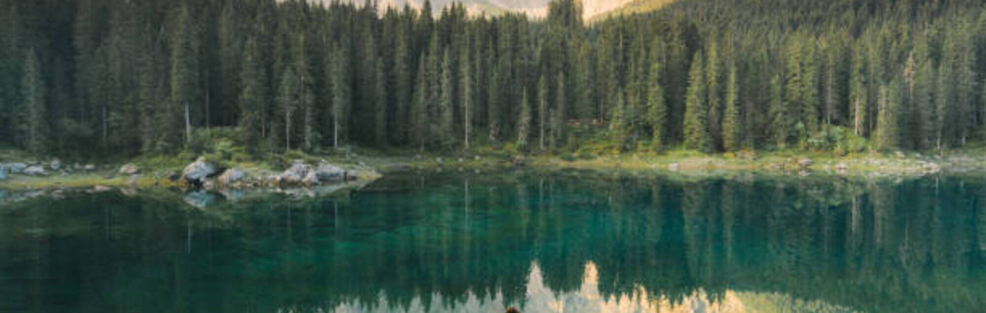 Young Caucasian woman standing and looking at  Lago di Carezza in Dolomites