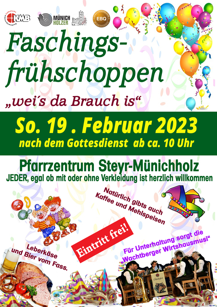Plakat mit Inforamtionen zum Faschingsfrühschoppen der KMB Münichholz