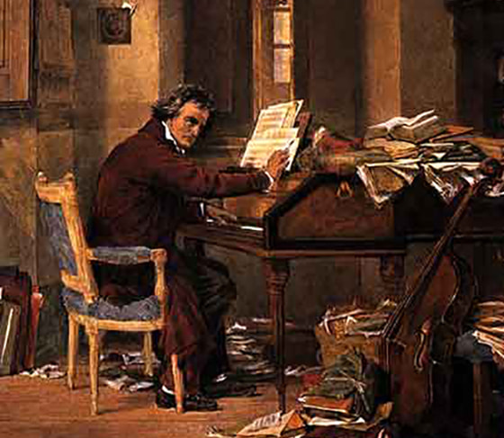 Carl Schloesser: Ludwig van Beethoven beim Arbeiten, etwa 1811 (Link zum Bild: https://commons.wikimedia.org/wiki/File:Beethovenhome.JPG?uselang=de).