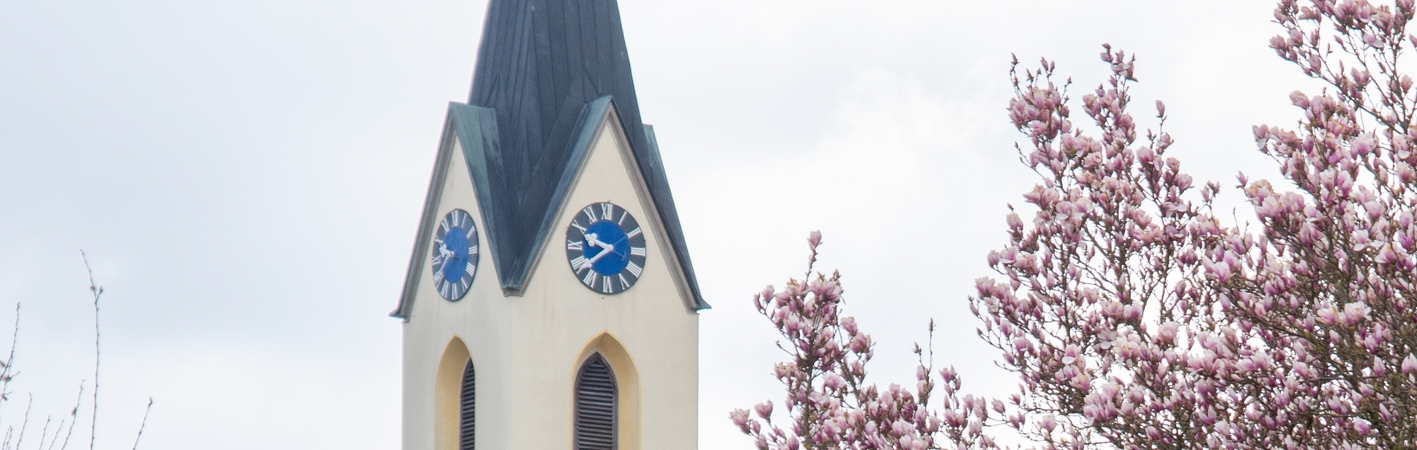 Blick auf Kirchturm im Frühling